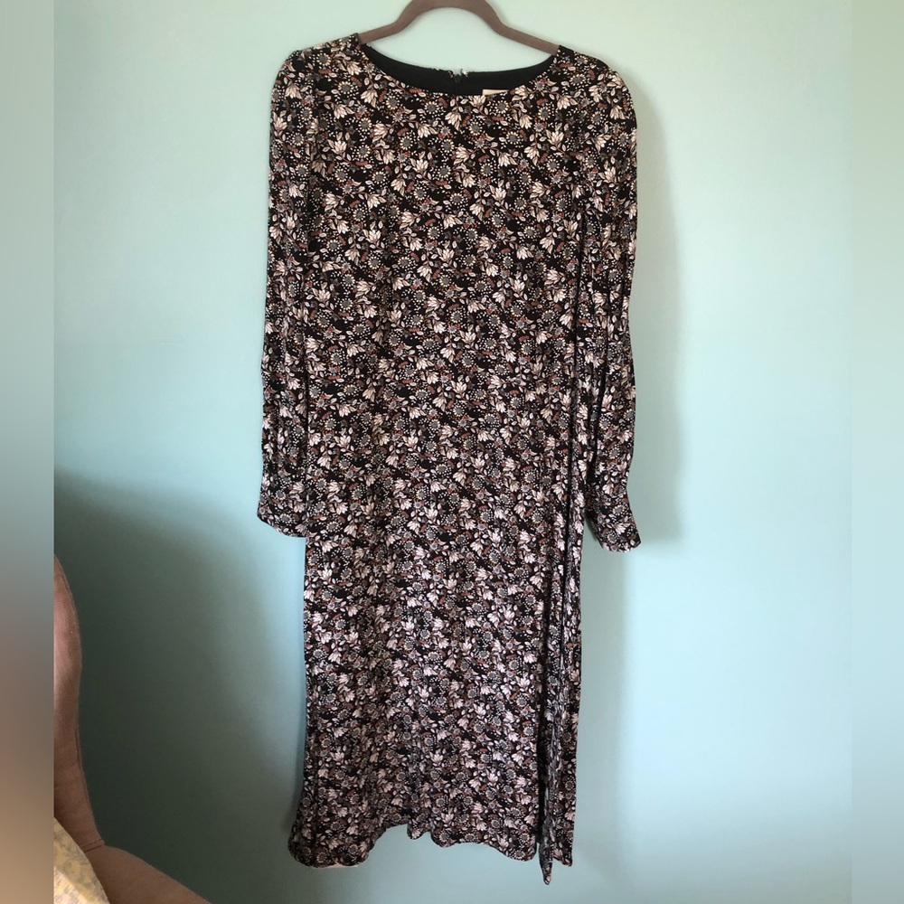 Loft Long Sleeve Floral Patterned Midi Dress with Side Slit